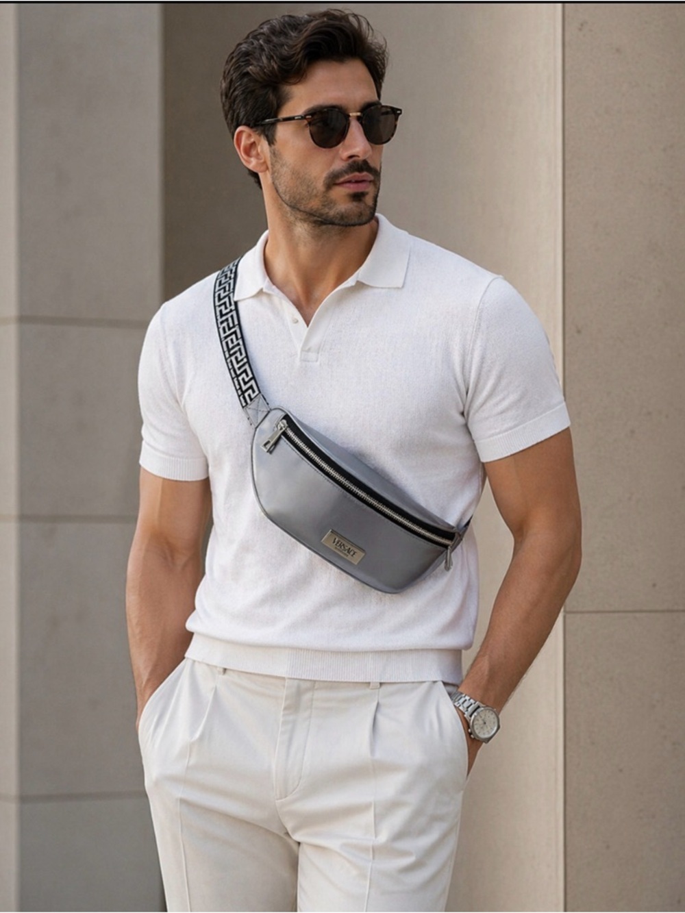 Versace Silver Belt Bag Travel Pouch Fanny Pack + Dust Bag New.